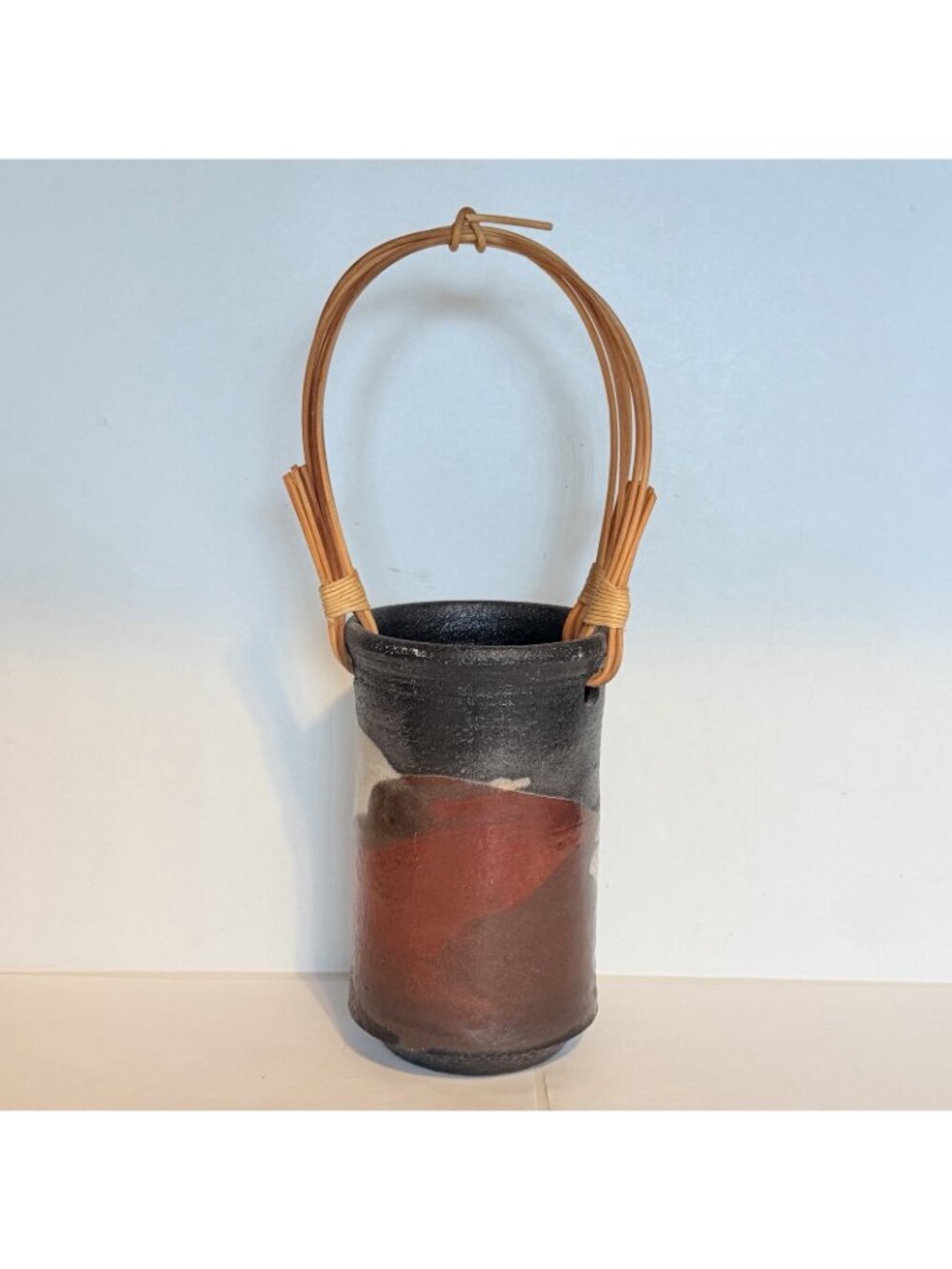 Warren Andrade Raku Pottery Vase 1999 Bamboo Handle Hawaii Artist 12"H w/ handle - Picture 3 of 8